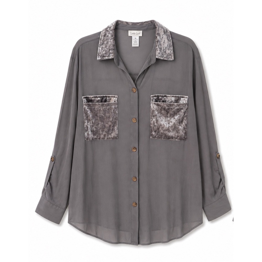 Linda Leal Charcoal Gray Sheer Blouse Velvet Collar Pocket Whimsigoth 2X LD2311W
